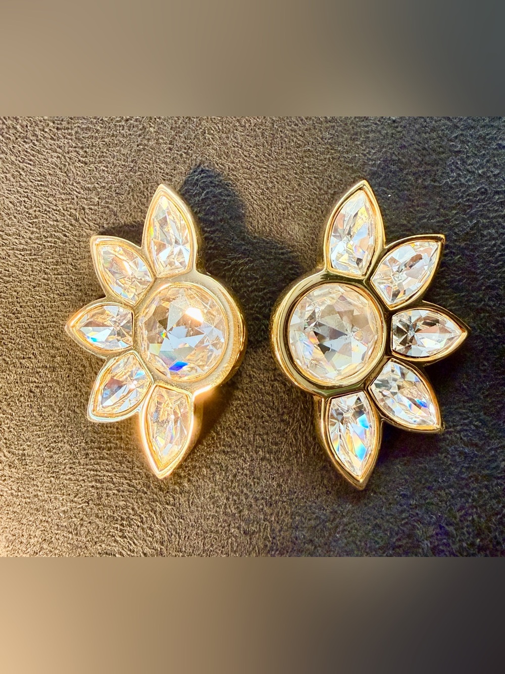 Vintage Signed Swarovski Crystal Gold Tone Half Sunflower Clip On Earrings